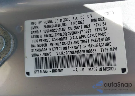 2009 Honda Cr-V Ex z USA, uszkodzony, nr VIN 3CZRE48539G700582